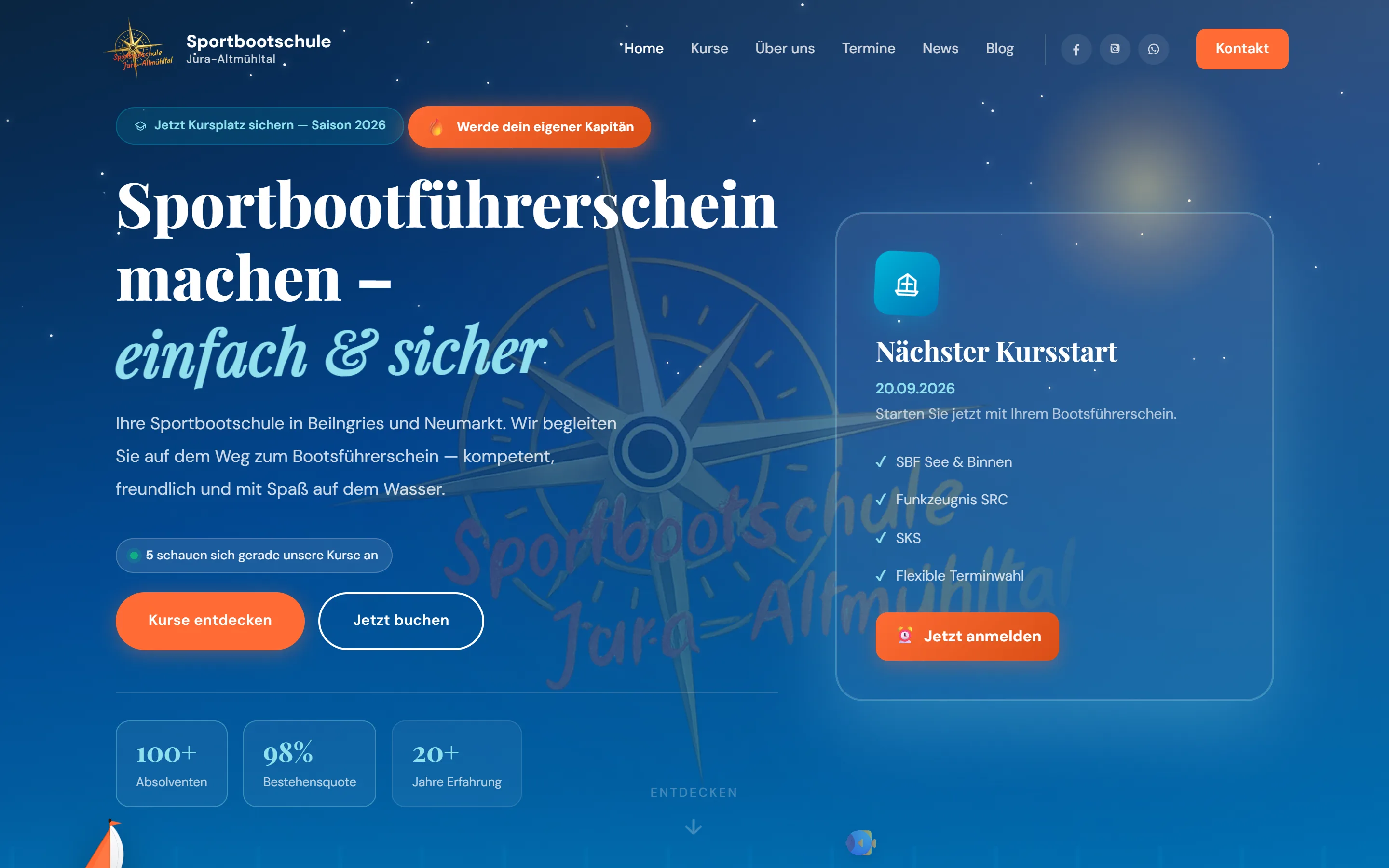 Startseite der Sportbootschule Jura-Altmühltal — Webdesign von IMS Studios