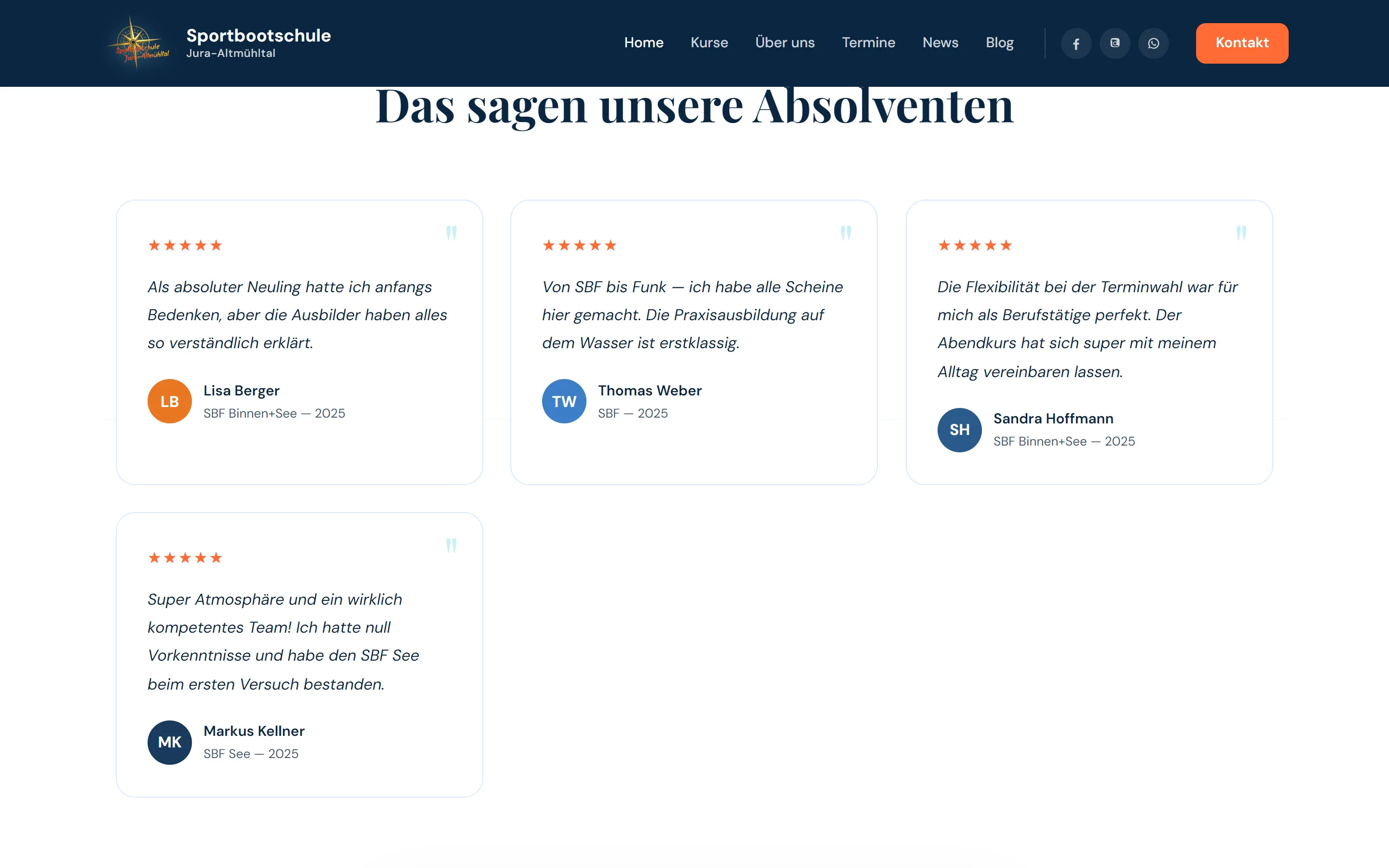 Live-Website der Sportbootschule mit Bewertungen von Absolventen
